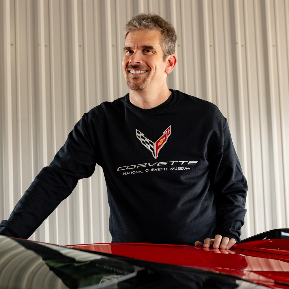 Man wearing the C8 Corvette Emblem Classic Black Sweatshirt 