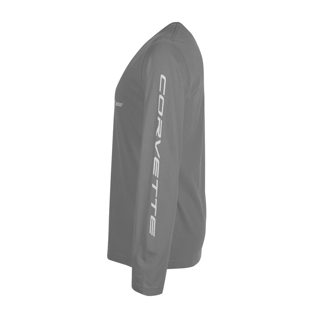 Gray long-sleeve shirt with 'Corvette' script going down the sleeve shown on a white background