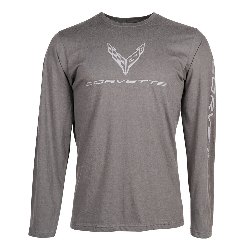 Gray long-sleeve tee shirt with a C8 Corvette logo on a white background