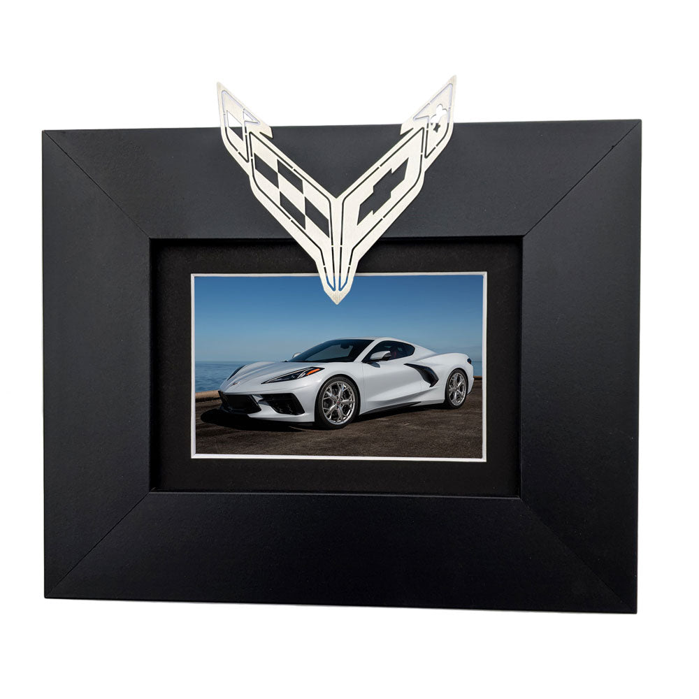 C8 Corvette Emblem Photo Frame shown with a C8 Car in the frame