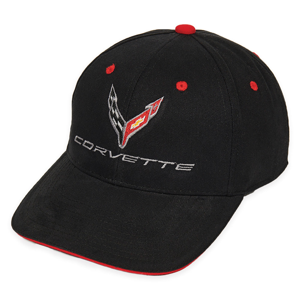 Black Corvette cap with a C8 Corvette emblem on a white background