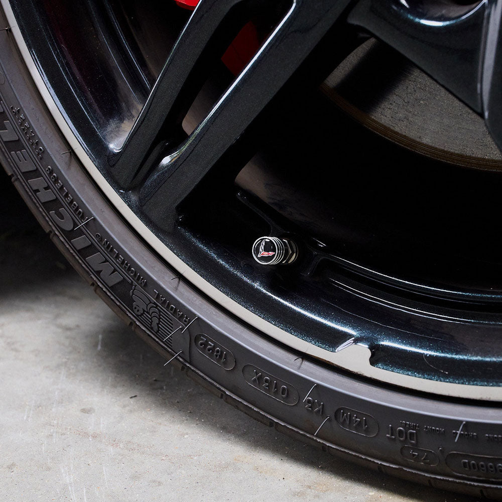 C8 Corvette Emblem Silver Tire Valve Stem Caps Set on the tire