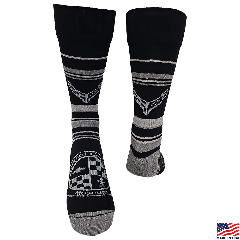 C8 Corvette Emblem Striped Black and Silver Dress Socks