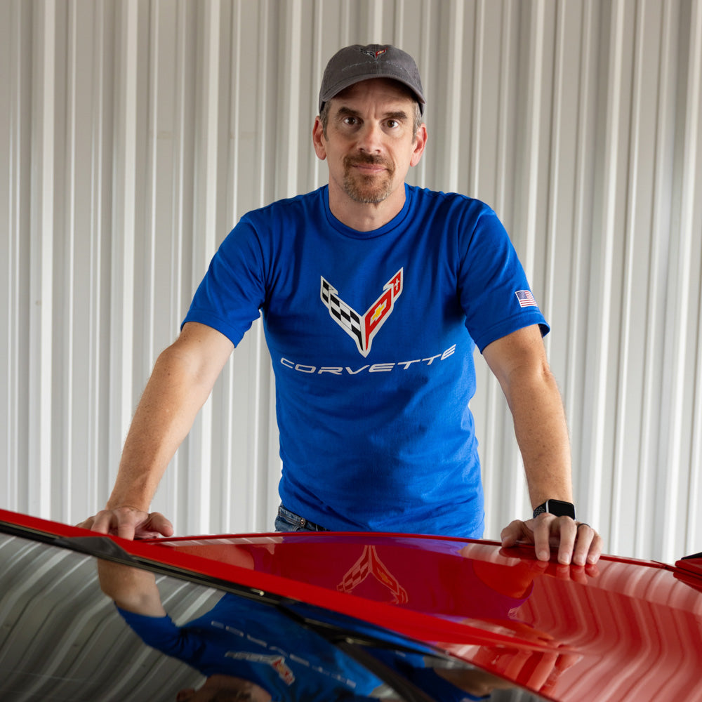 Man wearing the C8 Corvette Emblem USA Royal Blue T-shirt