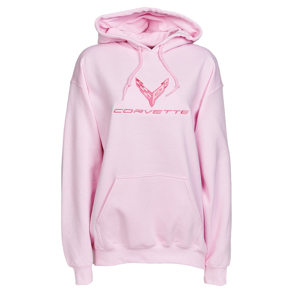 A pink sweatshirt with an embroidered C8 Corvette pink also in pink shown on a white background