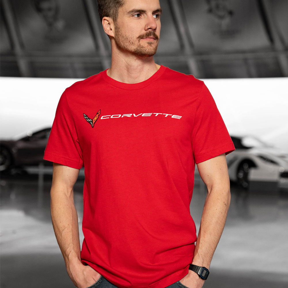 Man wearing the C8 Corvette Engineer Red T-shirt showing the front design