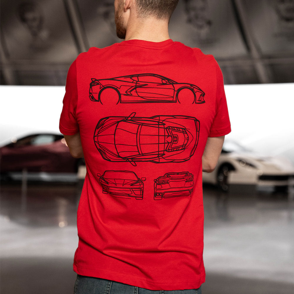 Man wearing the C8 Corvette Engineer Red T-shirt showing the back design