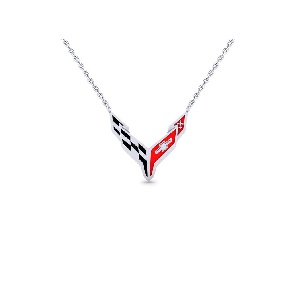 C8 Corvette Full Color Emblem Sterling Silver Necklace shown on a white background