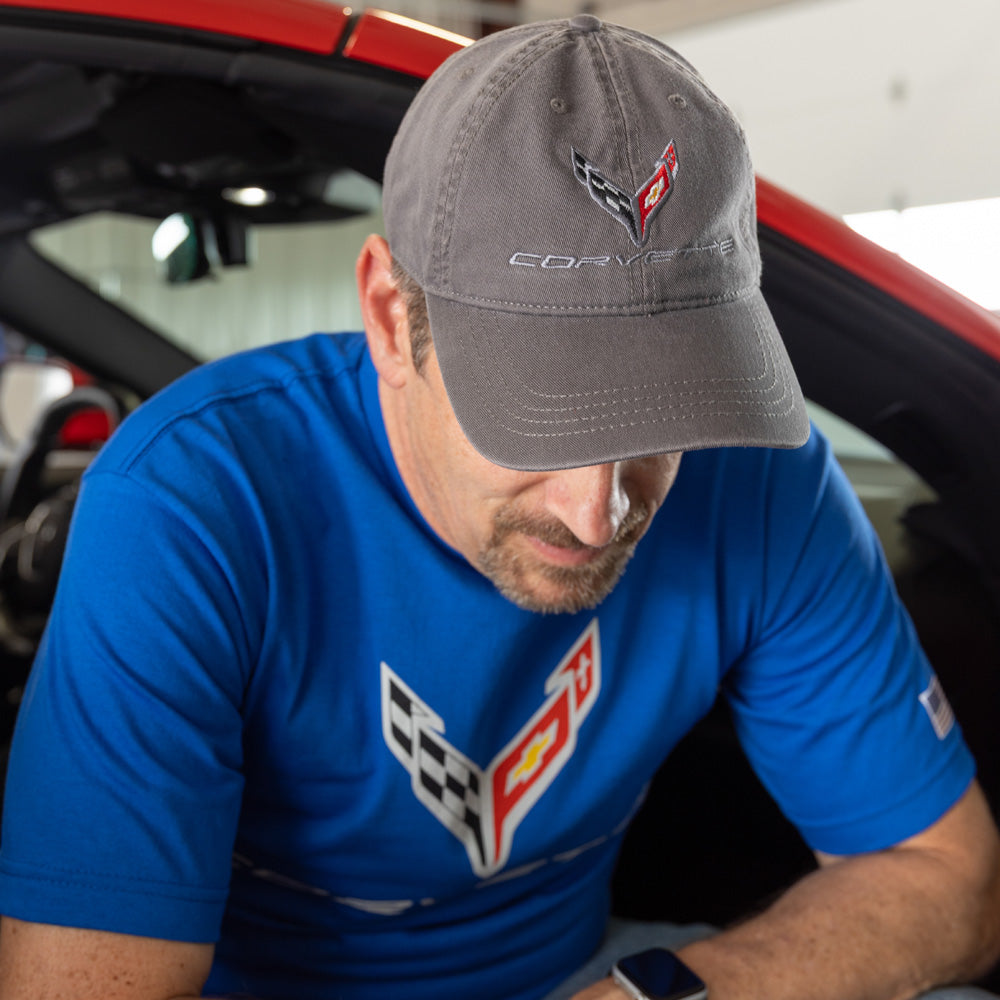 Man wearing the C8 Corvette Garment Washed Charcoal Cap