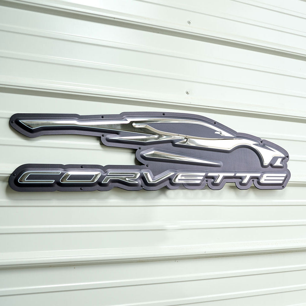 C8 Corvette Gesture Stainless Steel Sign hanging on a wall