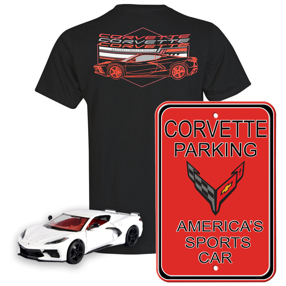 C8 Corvette Gift Bundle showing a black C8 tee a red C8 tin sign and a white C8 diecast model