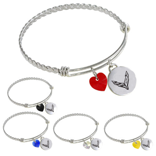 Image shows the five color options available for the heart charm bracelet