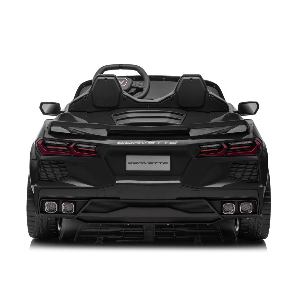 C8 Corvette Kid's 24 Volt Electric Black Ride On Car shown from the back view on a white background