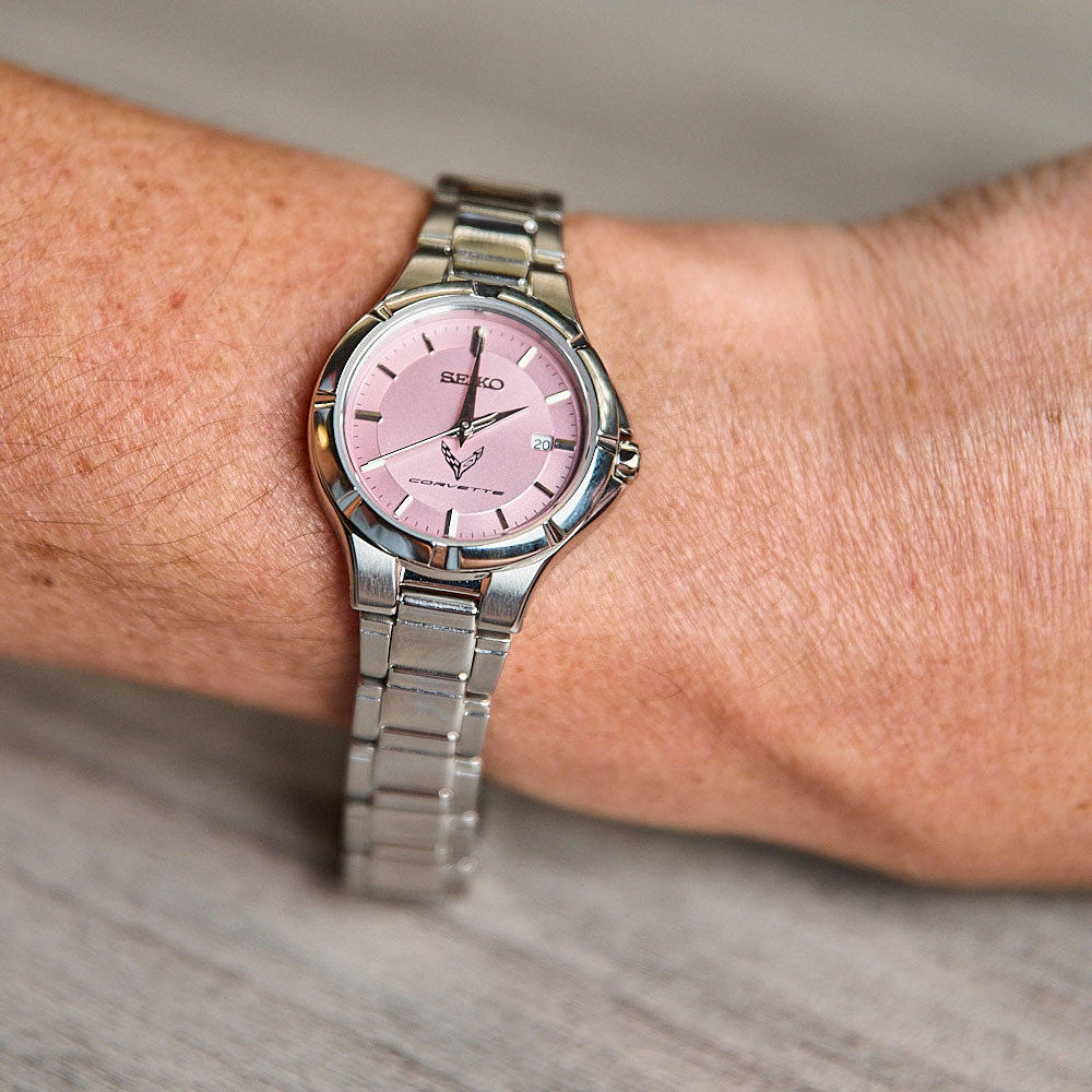 Lady wearing the C8 Corvette Ladies Stainless Steel Seiko Watch