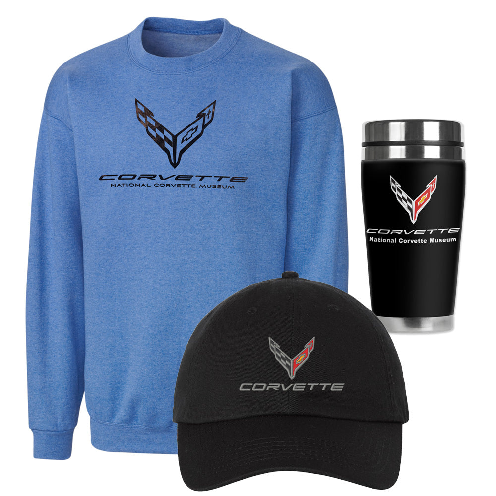 Blue C8 sweatshirt, black C8 cap, and black tumbler with C8 Corvette logo all shown on a white background