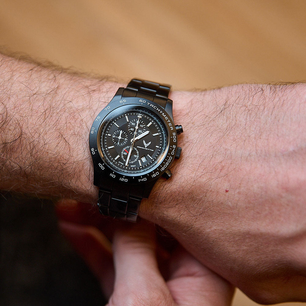 Man wearing the C8 Corvette Legends Chronograph Black Watch