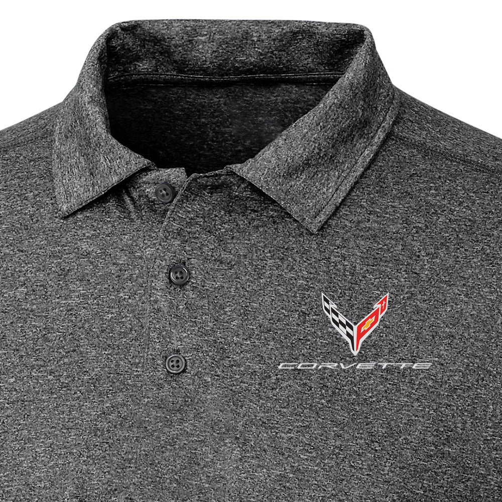 C8 Corvette Mens Charge Active Heather Black Polo Emblem Close Up