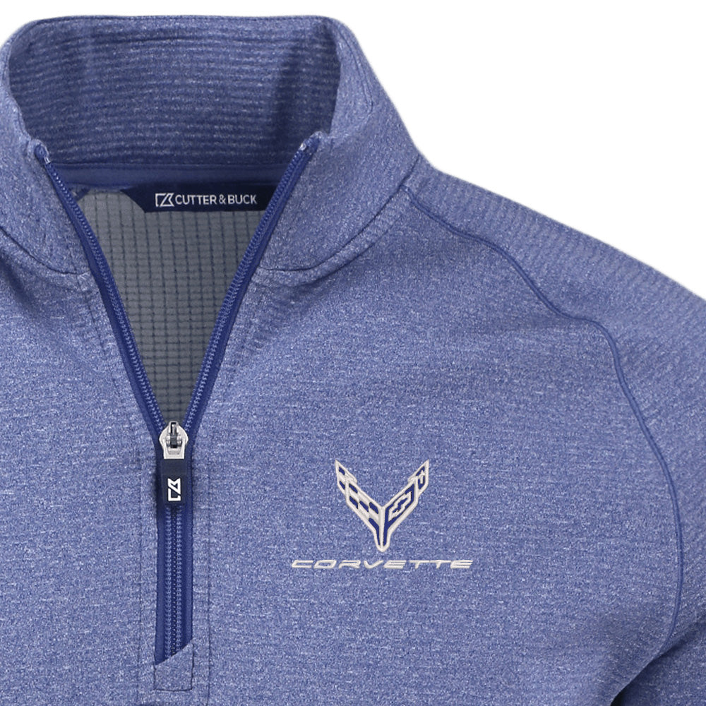 C8 Corvette Mens Heather Blue Half Zip Pullover Emblem Close Up