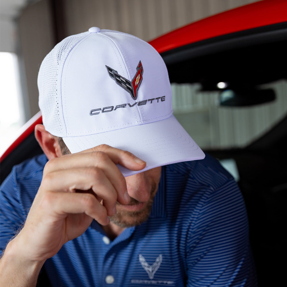 Man wearing the C8 Corvette Perforated Performance White Cap
