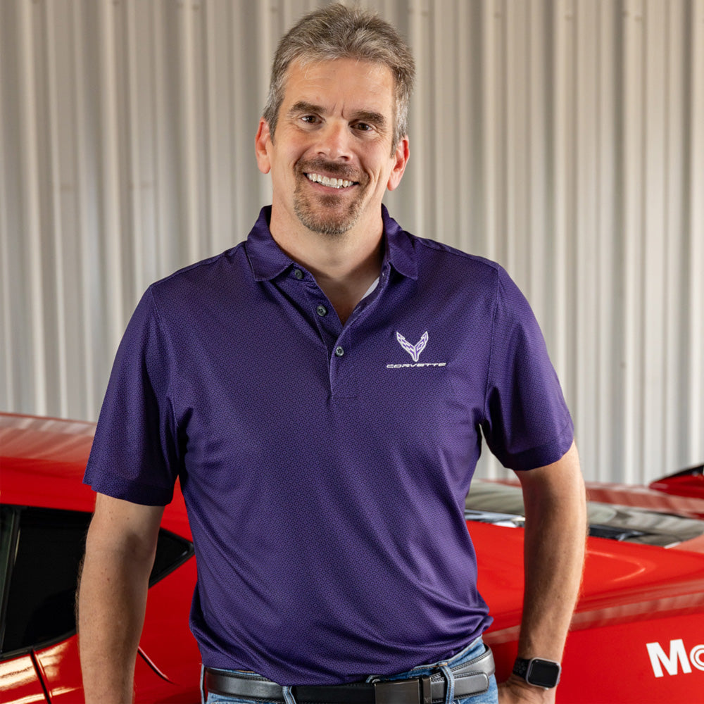 Man wearing the C8 Corvette Pike Geo Print Purple Polo