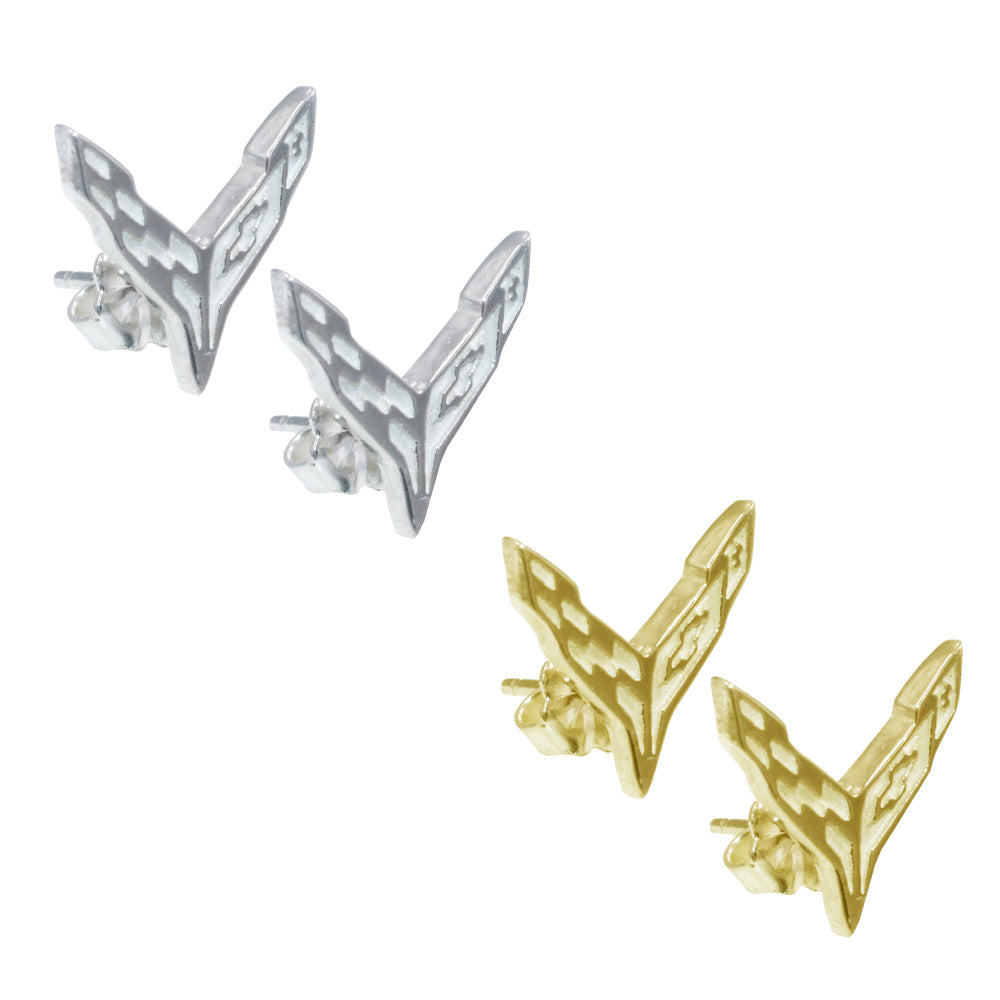 Image showing the C8 Corvette Post Earrings in both Silver and Gold