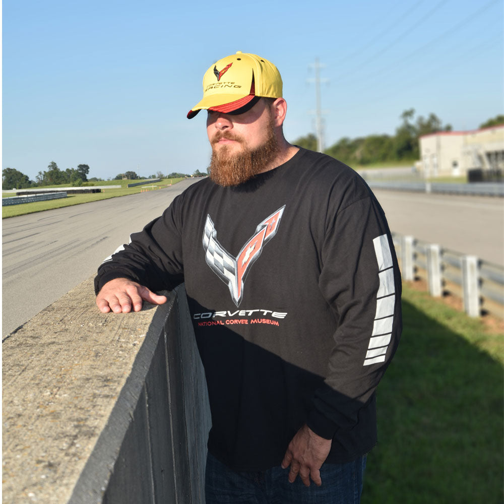 Man wearing the C8 Corvette Race Stripe LS T-shirt