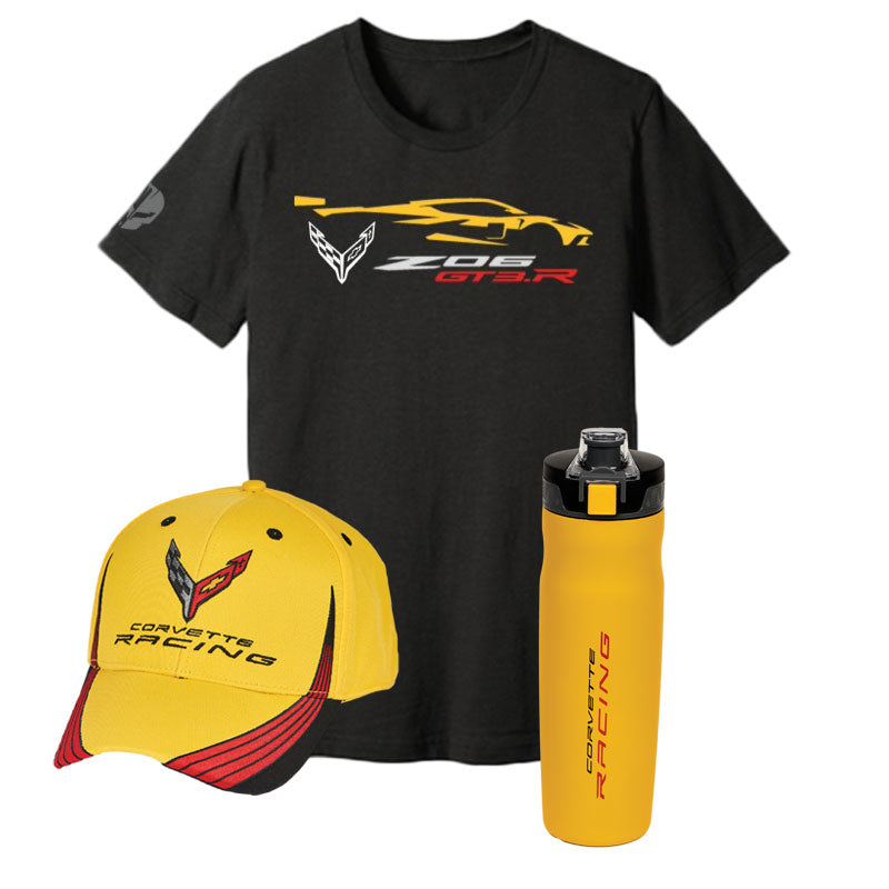 C8 Corvette Racing Gift Bundle showing a black Corvette Racing tee a yellow Corvette Racing cap and a yellow Corvette Racing thermal bottle