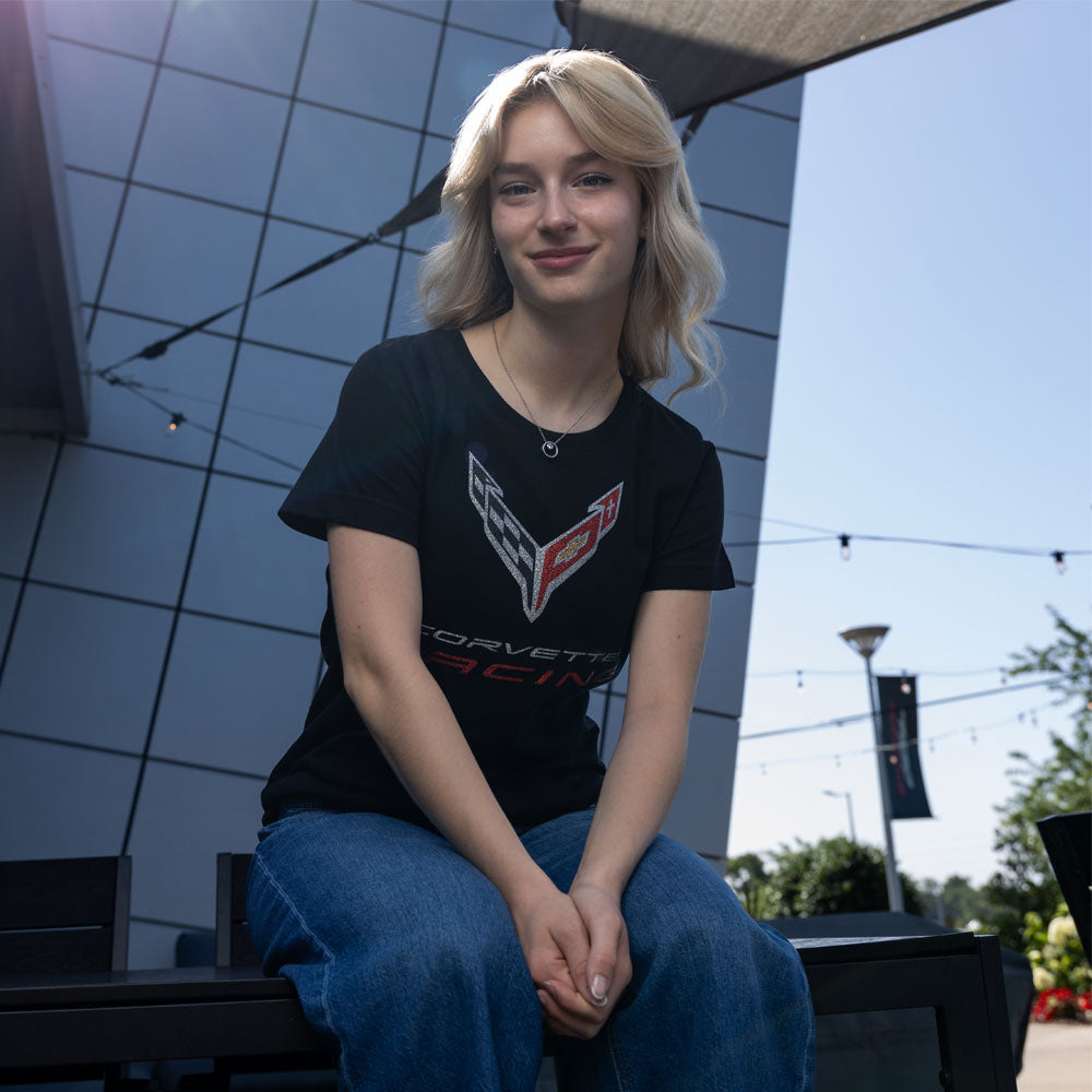 Woman wearing the C8 Corvette Racing Ladies Jersey Top Lifestyle