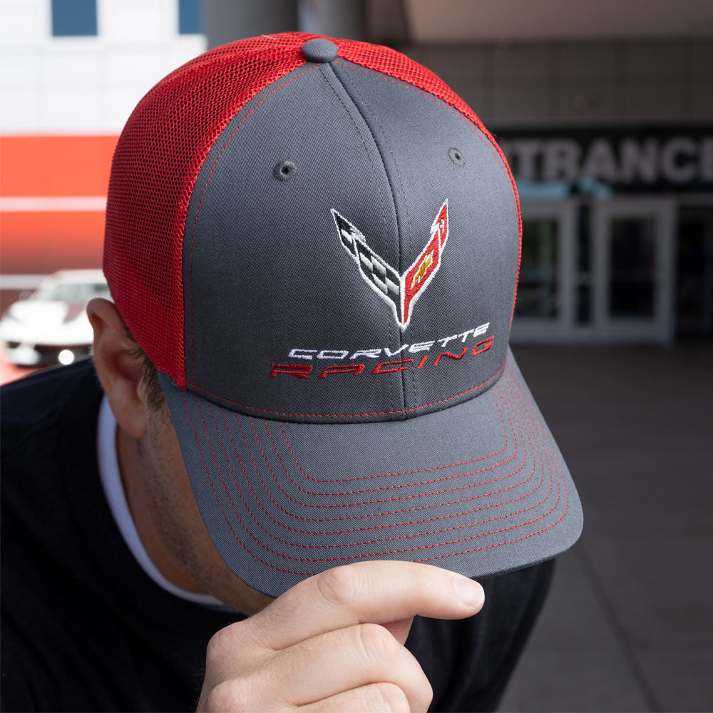 Man wearing the C8 Corvette Racing Mesh Back Charcoal and Red Cap 