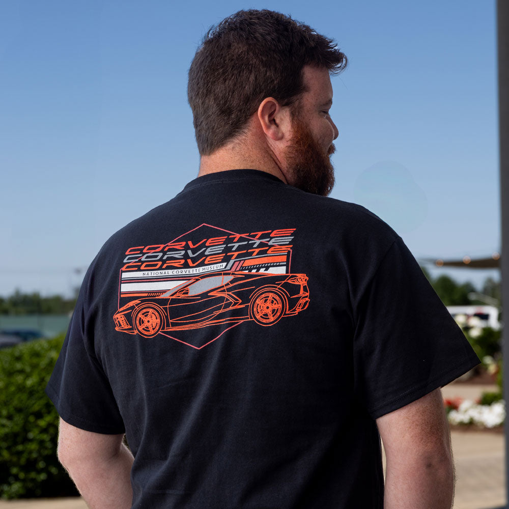 Man wearing the C8 Corvette Retro Black T-shirt showing the design on the back