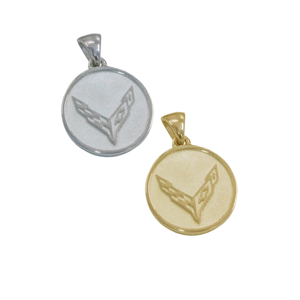 Image of the C8 Corvette Round Pendant shown bot in sterling silver and gold