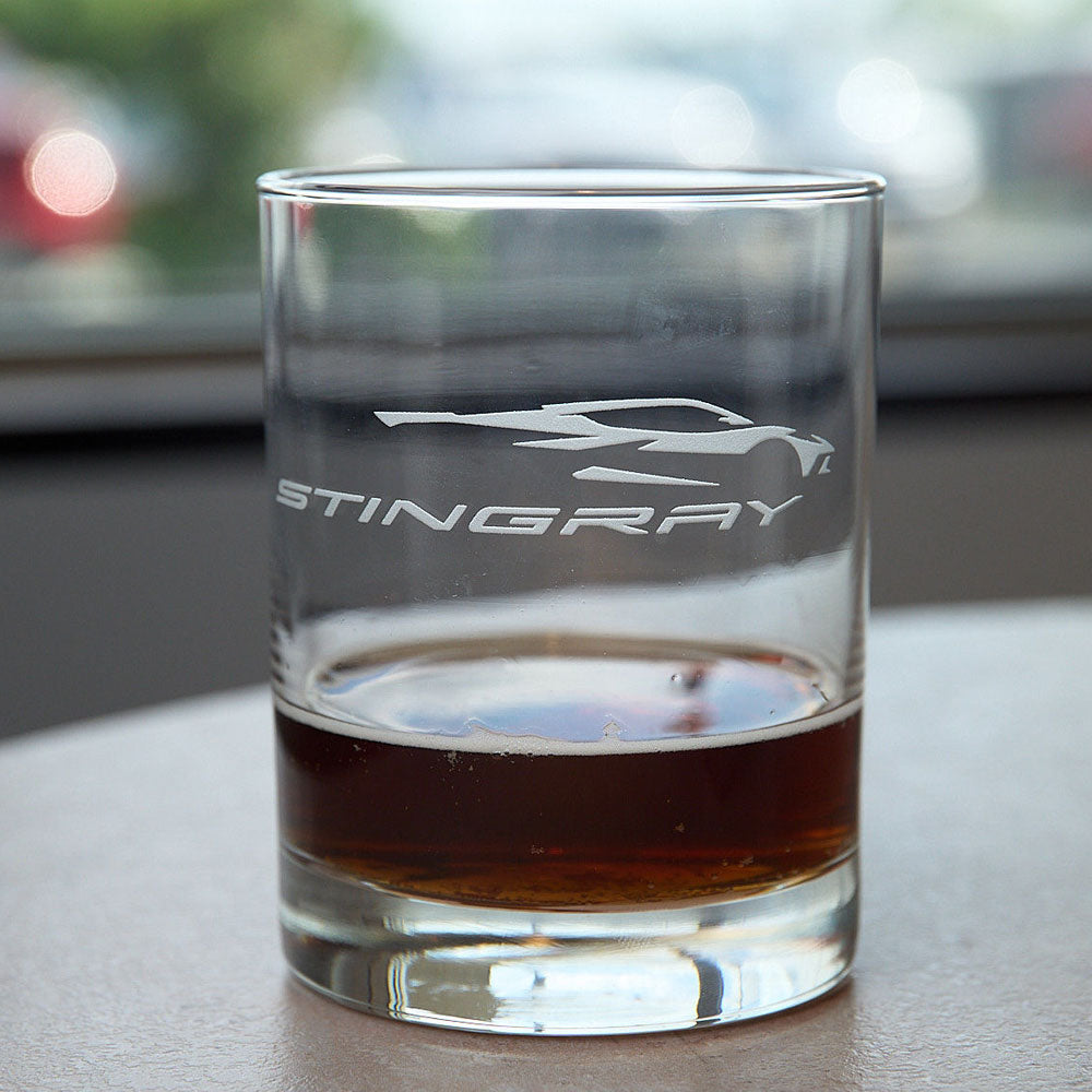 C8 Corvette Stingray Gesture Etched Short Beverage Glass sitting on a table