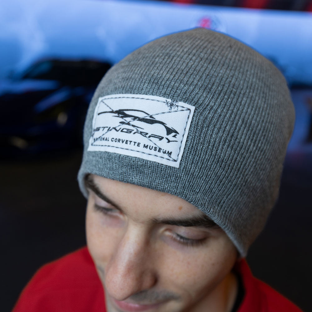 Man wearing the C8 Corvette Stingray Gesture Gray Beanie