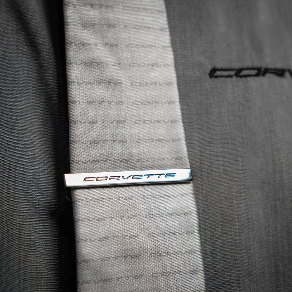 Close Up image of the C8 Corvette Tie Bar clipped to a tie