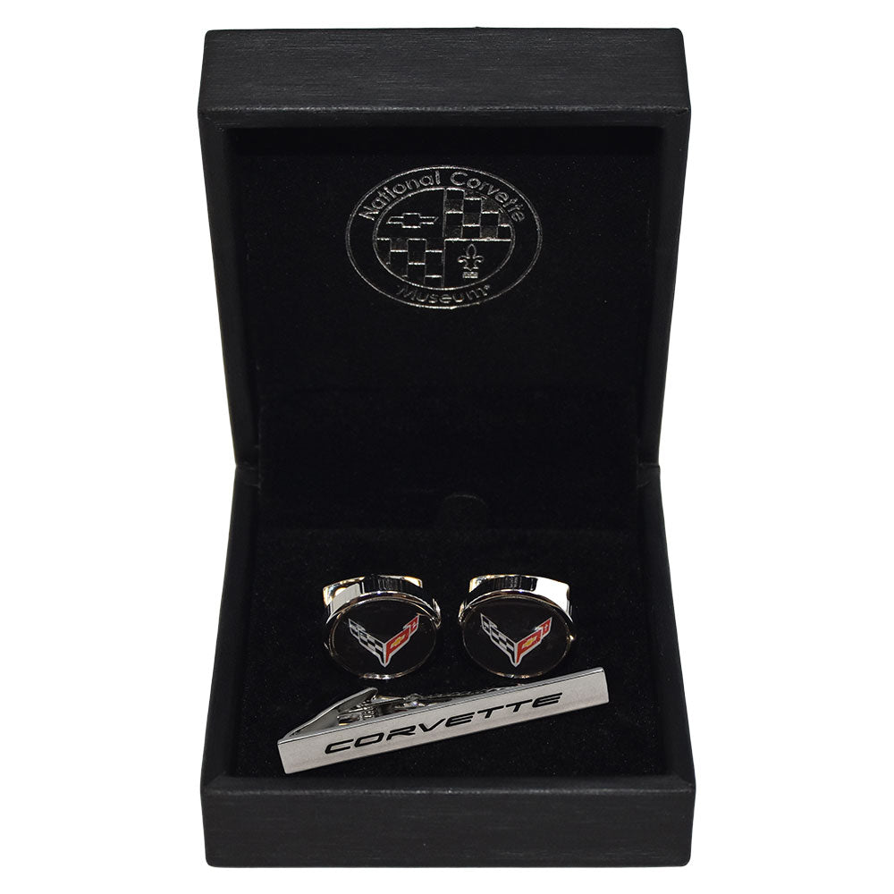 C8 Corvette Tie Bar and Cufflinks Set shown in the gift box