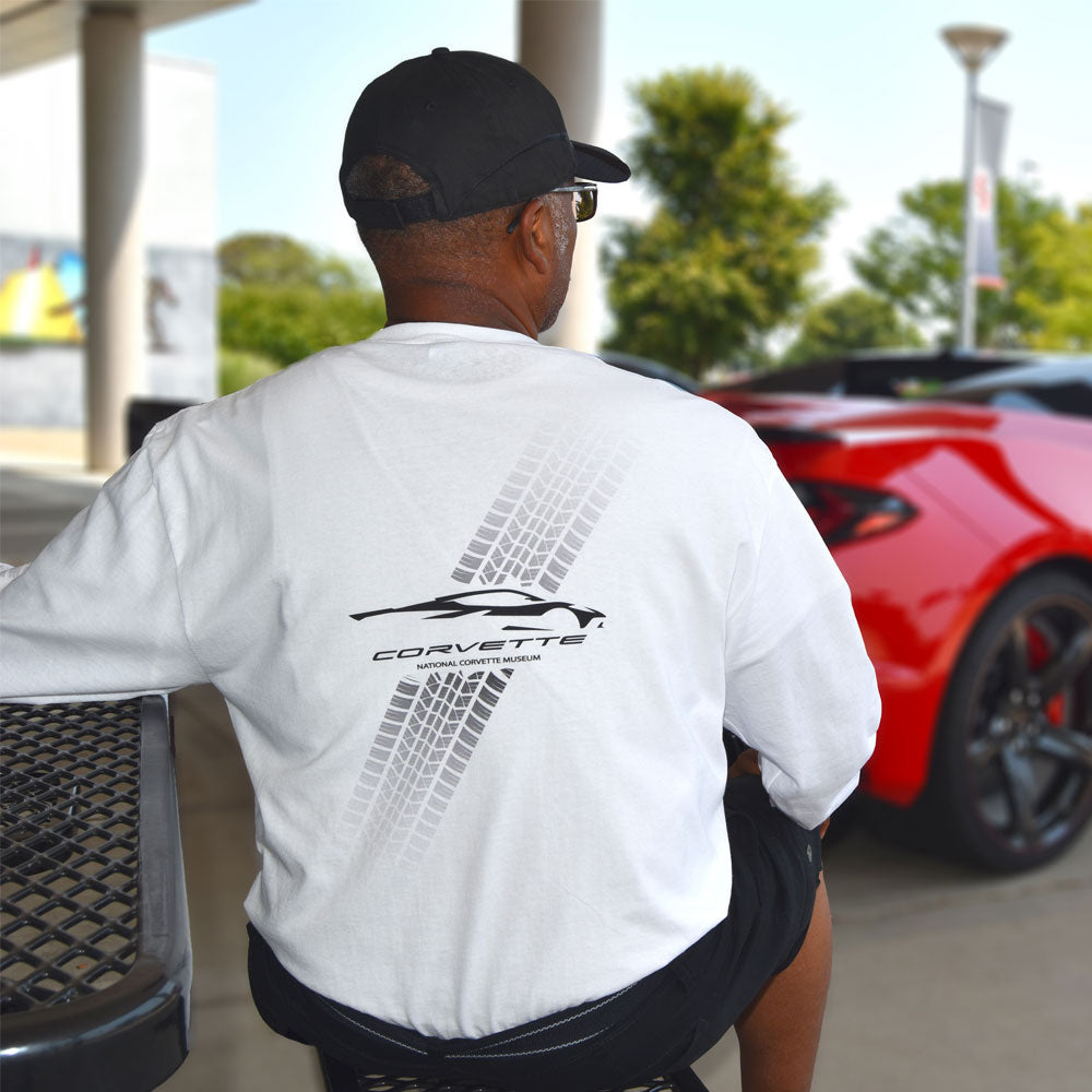 Person wearing the C8 Corvette Tire Tracks LS T-shirt