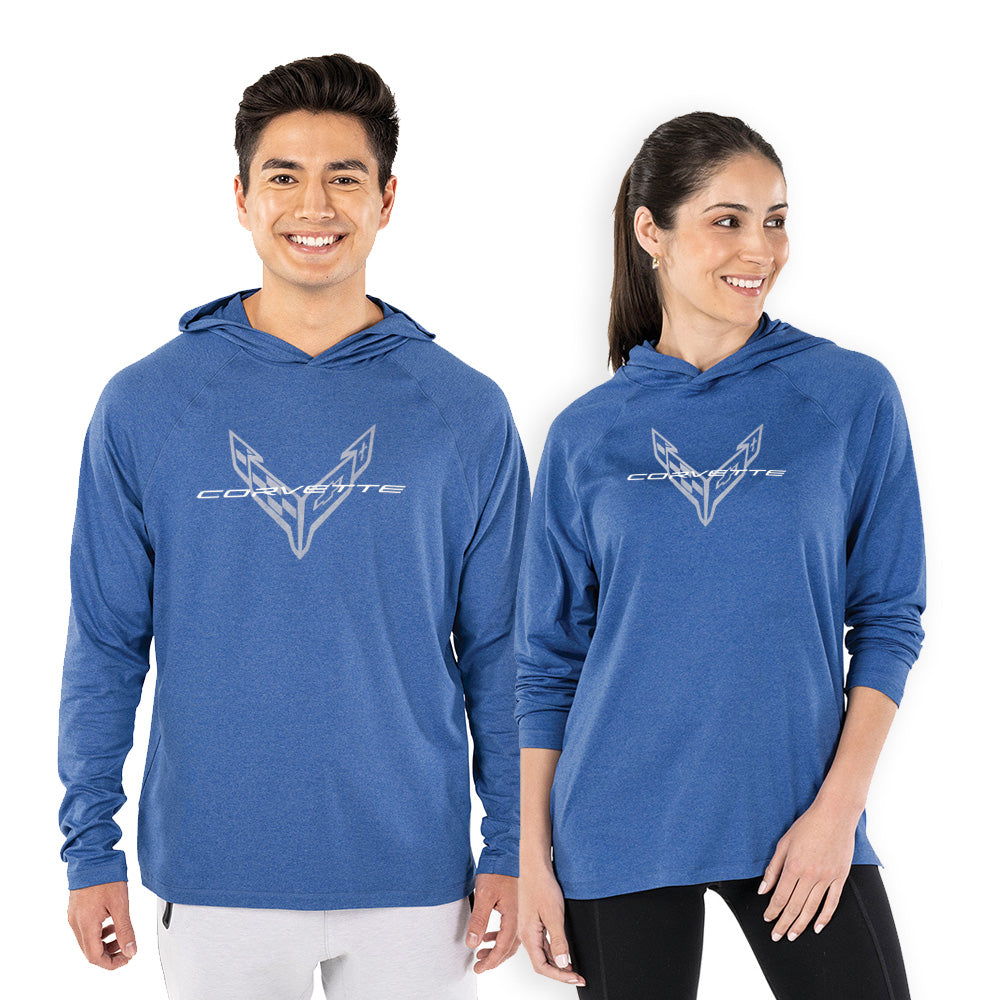 Two people wearing blue C8 Corvette hoodies on a white background