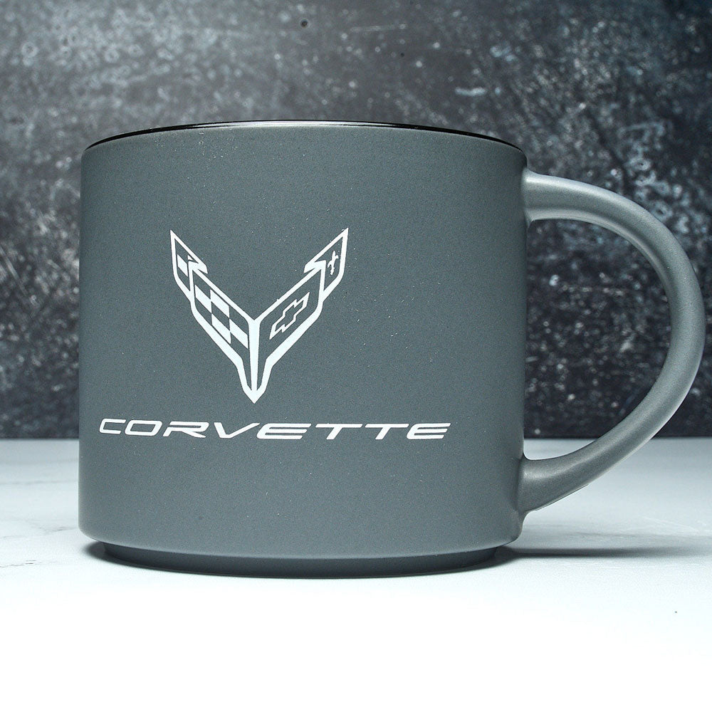 C8 Corvette Two Tone Gray Coffee Mug sitting on a table