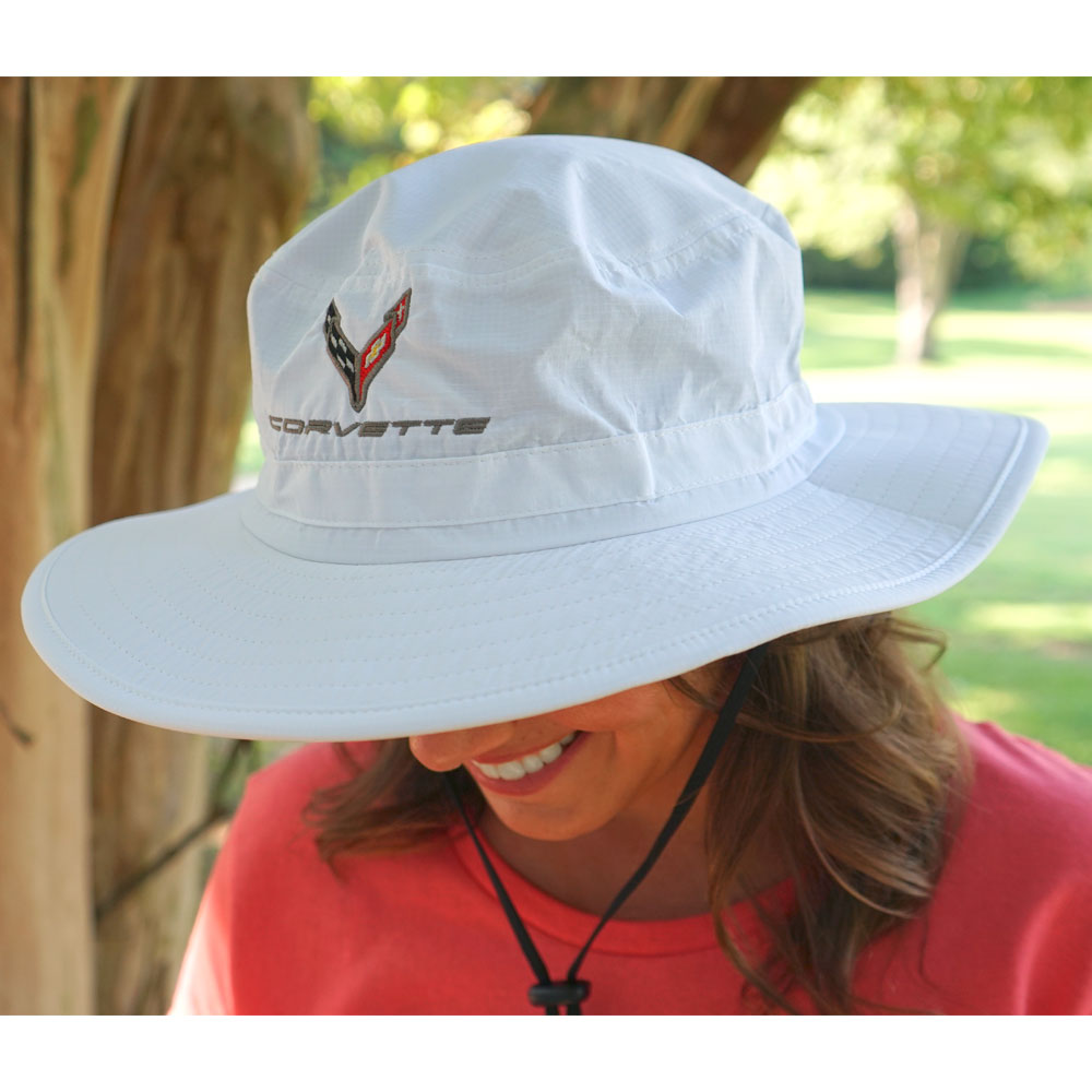 Person wearing the C8 Corvette White Bucket Hat