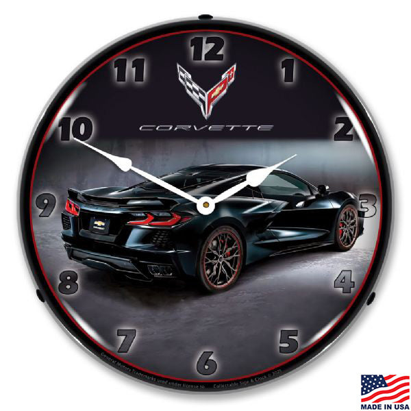 Corvette clock with a C8 black Corvette design on a white background