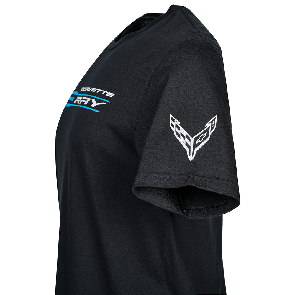 Close up of the C8 Corvette emblem on the sleeve of the C8 ERay Corvette Emblem Black Tee