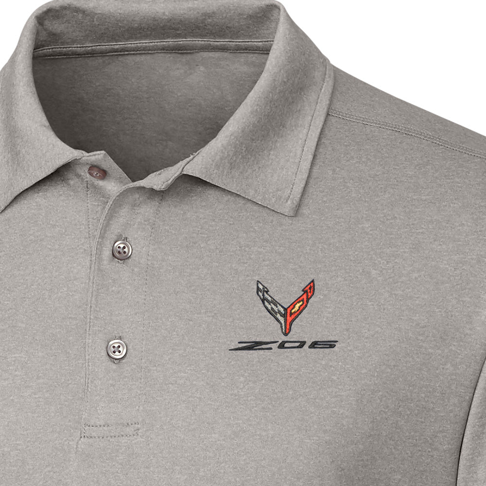 C8 Z06 Corvette Mens Charge Heather Gray Polo emblem Close Up