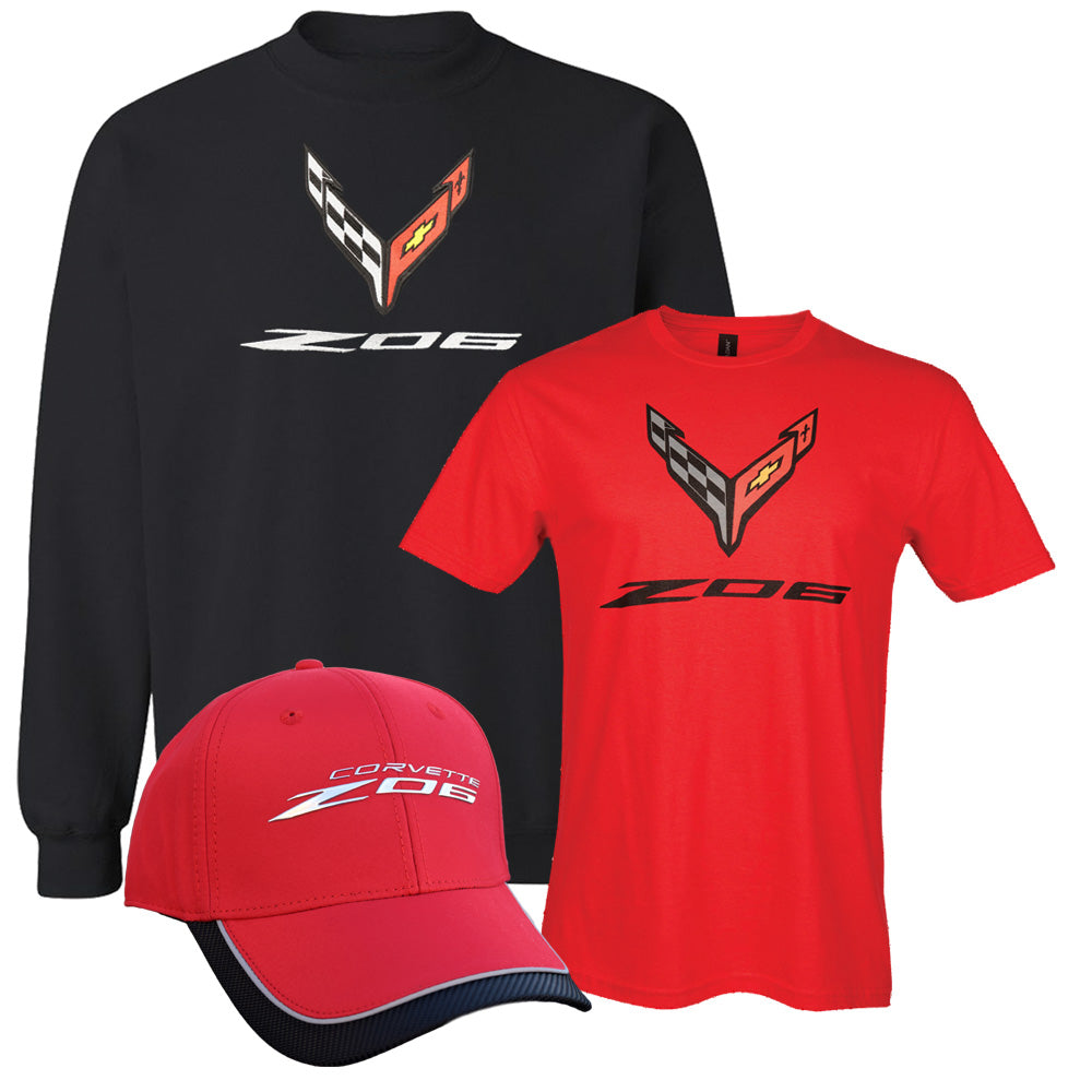 Gift bundle featuring a black C8 Z06 sweatshirt, a red C8 Z06 t-shirt and a red C8 Z06 cap