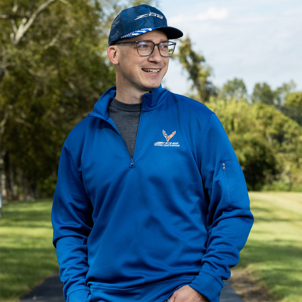 Man wearing the C8 Z06 Lift Royal Blue Quarter Zip Pullover