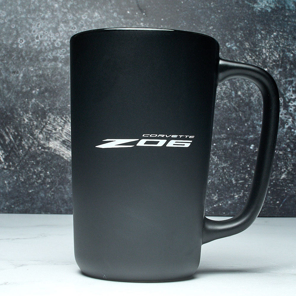 C8 Z06 Matte Black Coffee Mug sitting on a table