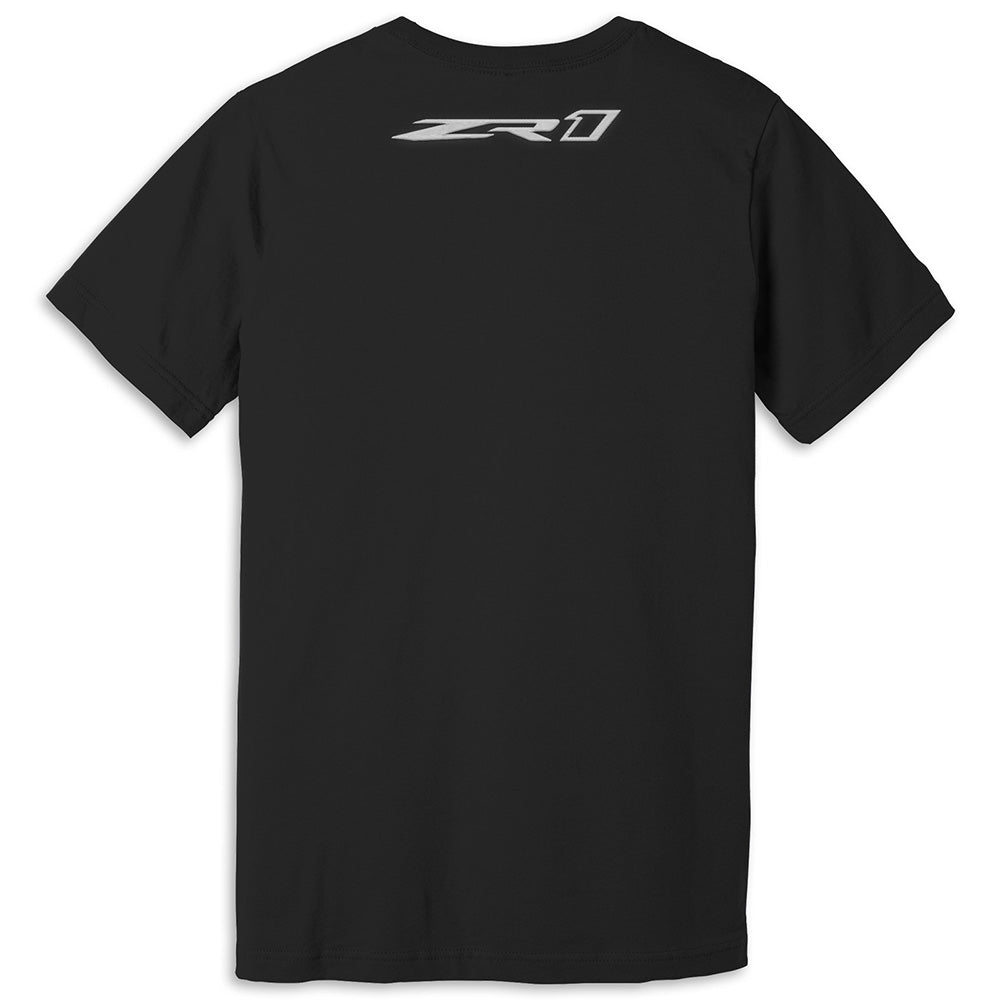 C8 ZR1 Back Emblem Black Tee showing the ZR1 script at the back neck of the tee