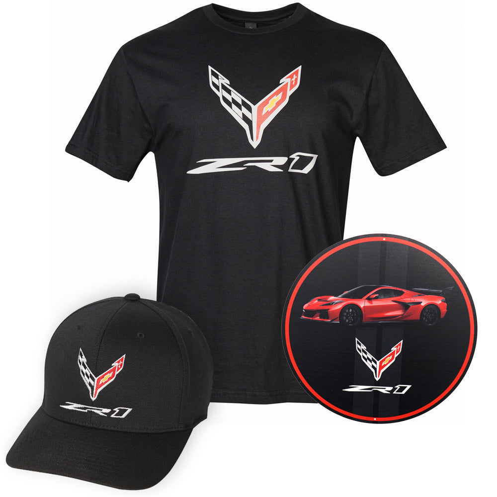 Black t-shirt, cap, and a round tin sign featuring the C8 ZR1 Corvette logo on a white background