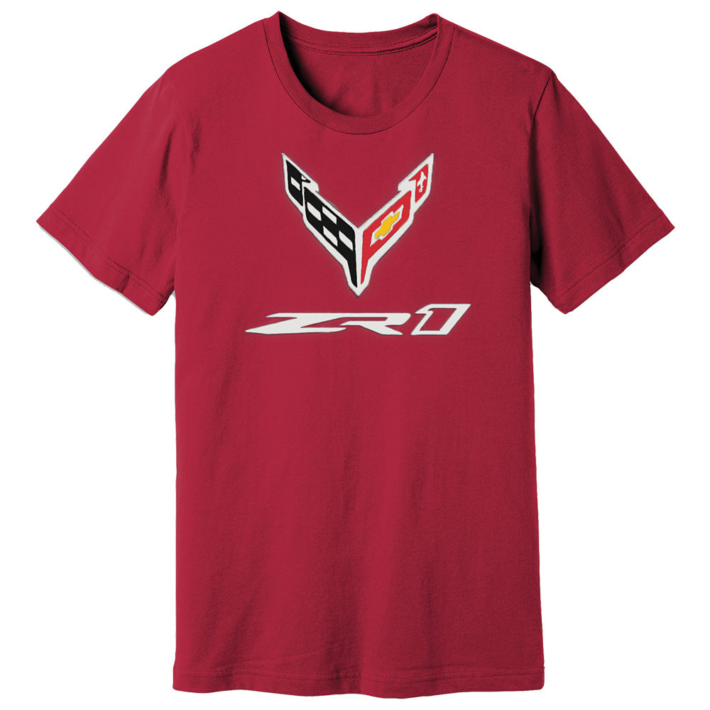 Red t-shirt with a C8 ZR1 Corvette logo on a white background