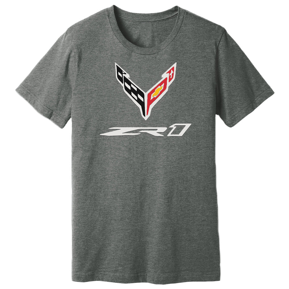 Gray t-shirt with C8 ZR1 Corvette logo on a white background