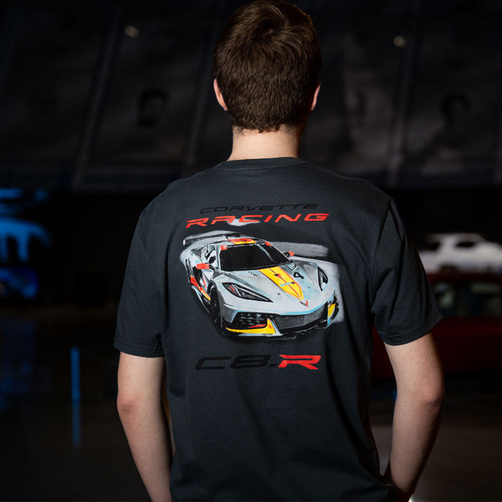 Man wearing the C8R Blurred Track T-shirt showing the back design